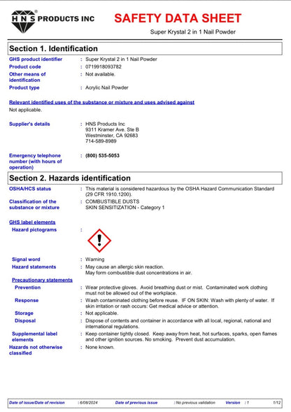MSDS (SDS) HNS Diamond Super Krystal 2in1 Nail Powder